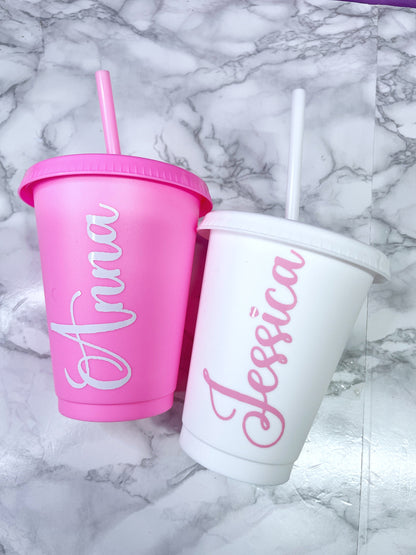 Children’s Personalised Cold Cup with Straw, Dainty Font