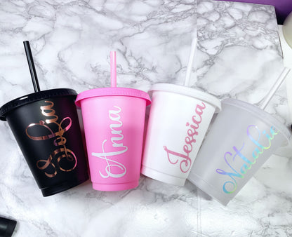 Children’s Personalised Cold Cup with Straw, Dainty Font