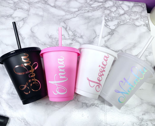Children’s Personalised Cold Cup with Straw, Dainty Font